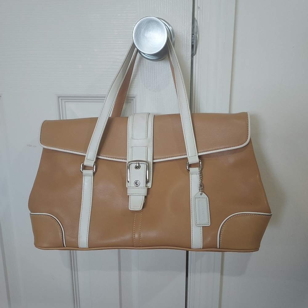 Coach tan handbag with white trim